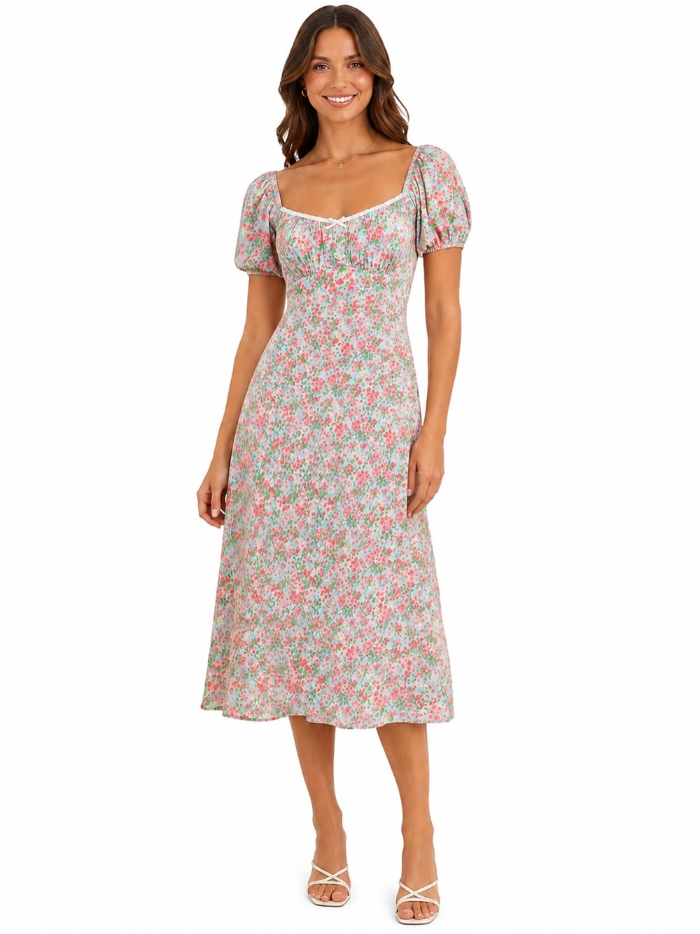 Monteau‎ Floral Milkmaid Midi Dress Pink Green Cottagecore Dress Small Romantic